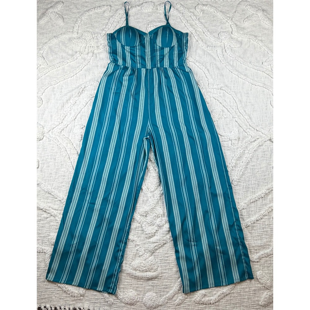 Band of Gypsies Striped Sweetheart Wide Leg Jumpsuit Teal Large Boho Autumn